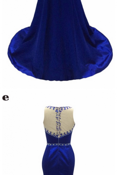 Mermaid Royal Blue Stretch Satin Beaded Evening Dresses ,sexy Cap Sleeves Prom Party Gown