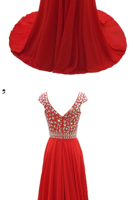 Red Chiffon Beaded Evening Dresses, Sweetheart Short Sleeves Charming Prom Party Gowns