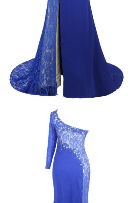 Blue Chiffon Lace Appliques Beaded Evening Dresses, Vestido De Festa One Long Sleeves Mermaidprom Gown