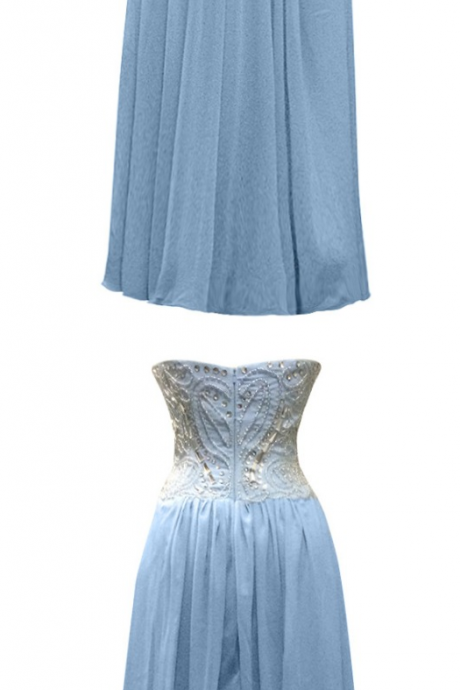 Blue Chiffon Beaded Top Evening Dresses, Vestido De Festa Long A-line Strapless Prom Gown