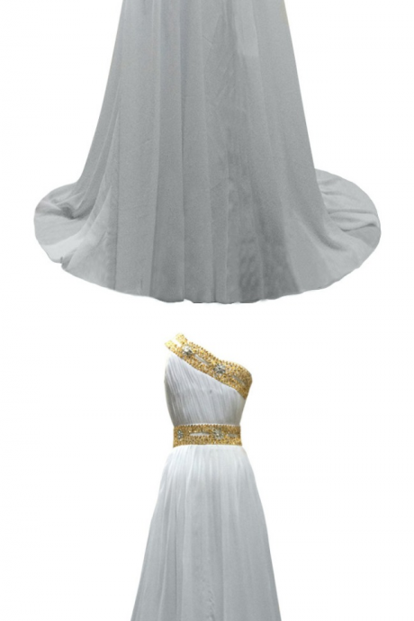 White Chiffon Pleats Gold Beaded Evening Dresses, Vestido De Festa Long One Strap A-line Prom Gown