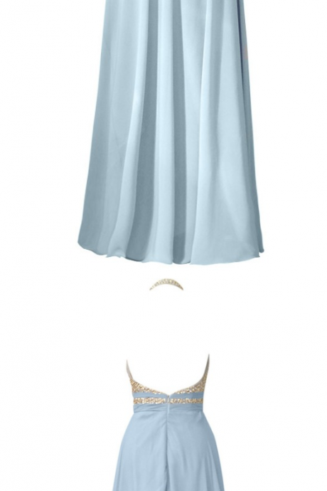 Blue Chiffon Beaded Halter Evening Dresses, Vestido De Festa Long A-line Backless Prom Gown