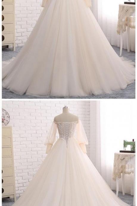Wedding Dress, Appliqued Floral Long Sleeve Lace Bridal Gowns Vestido De Noiva Sexy Backless Casamento