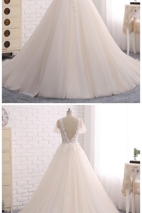 Wedding Dresses ,with Beading Detachable Train Vestido De Noiva Lace Appliques Sheer Back Bridal Gowns