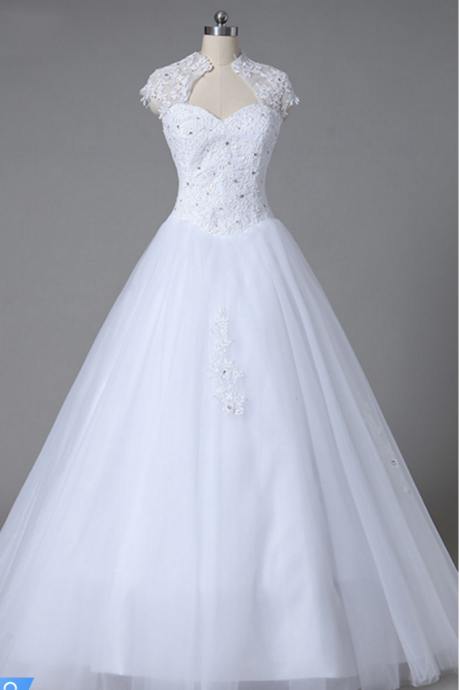 Long Wedding Dress, Hot Sale Wedding Dress, Lace Bridal Dress, Cap Sleeve Wedding Dress, Beading Wedding Dress, Tulle Wedding Dress, Applique Wedding Dress
