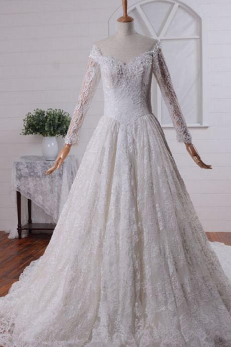 Sexy A-line Long Sleeves Lace Wedding Dress With Plunging V Neck | Backless Wedding Dress | Fit And Flare Wedding Dress
