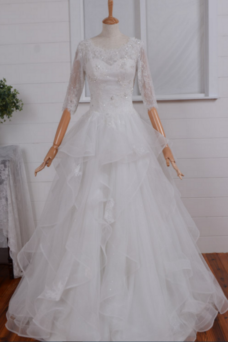 Most Beautiful Long Sleeve Illusion Back A-line Lace Tulle Wedding Dress, A-line Wedding Dress, Long Sleeves Wedding Gown