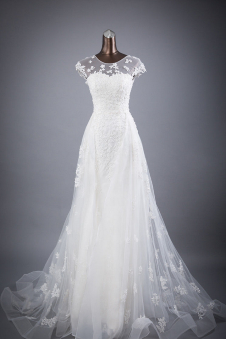 White or Ivory Jewel Wedding Dresses Floor Length Bridal Dresses
