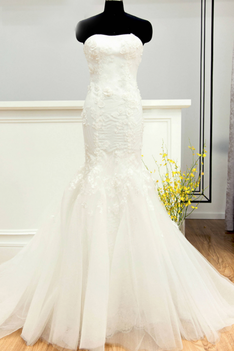 Long Wedding Dress, Tulle Wedding Dress, Lace Applique Mermaid Wedding Dress, Sexy Bridal Dress,