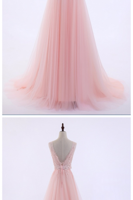O-neck A-line Sweep Train Tulle Lace Evening Dress, Bare Back Prom Dresses