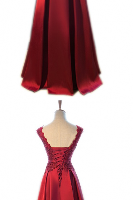 Lace Beading Long A-line Vestido Satin Sleeveless Dark Red Prom Dress