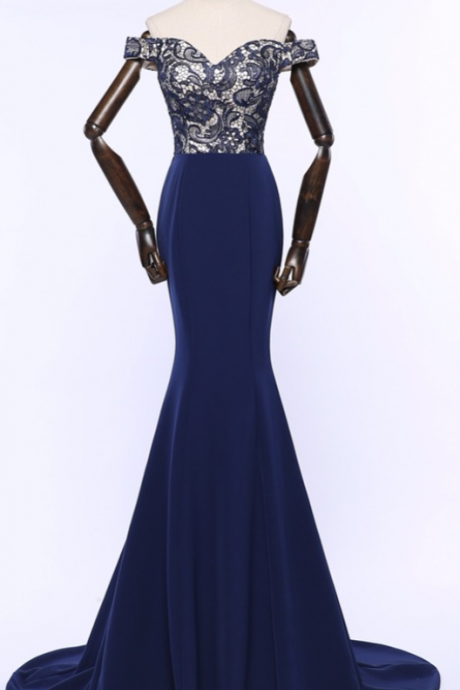 Long Evening Dresses , V-neck Dark Blue Pageant Prom Gowns, Formal Evening Gown