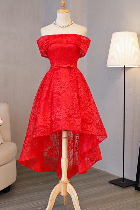 Red Lace Boat Neck Hijab Evening Dresses ,front Short Long Back Vestido De Renda Rosa Evening Dress