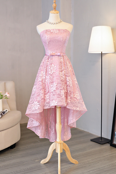 Pink Lace Strapless Asymmetrical Front Short Back Long Hijab Evening Dresses Evening Dress