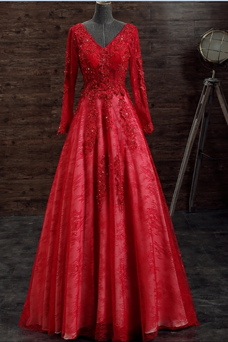 Lace Evening Dresses , Red A Line Prom Formal Evening Gowns Dresses