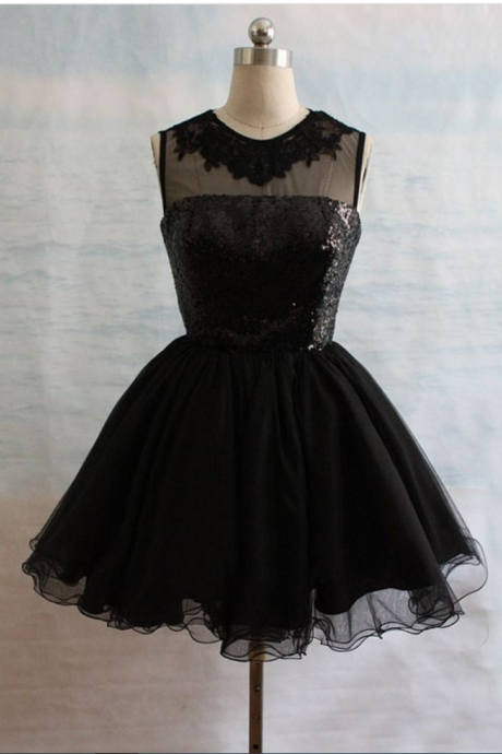 Homecoming Dresses Black Homecoming Dresses A lines Sleeveless Scoop Open Back Tulle Mini