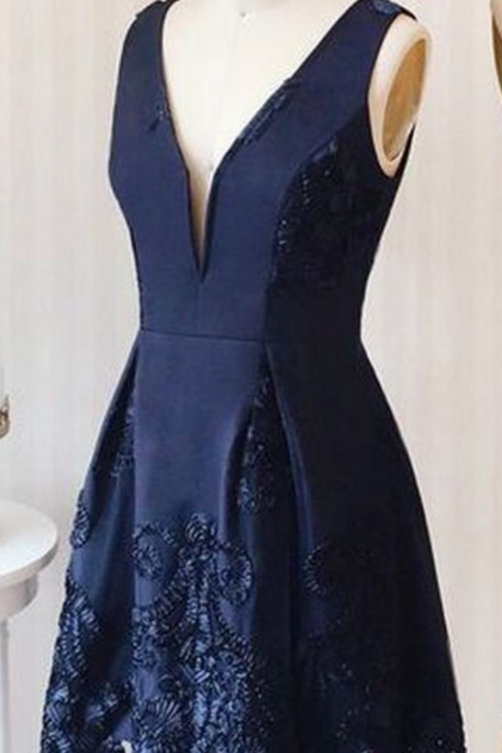 elegant homecoming dresses, A-line homecoming dresses, navy blue homecoming dresses,