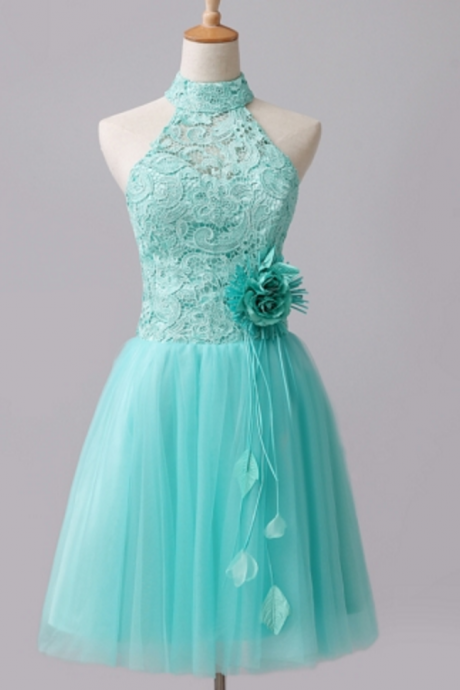 Mint A-Line Halter Lace Flowers Short Homecoming Dress