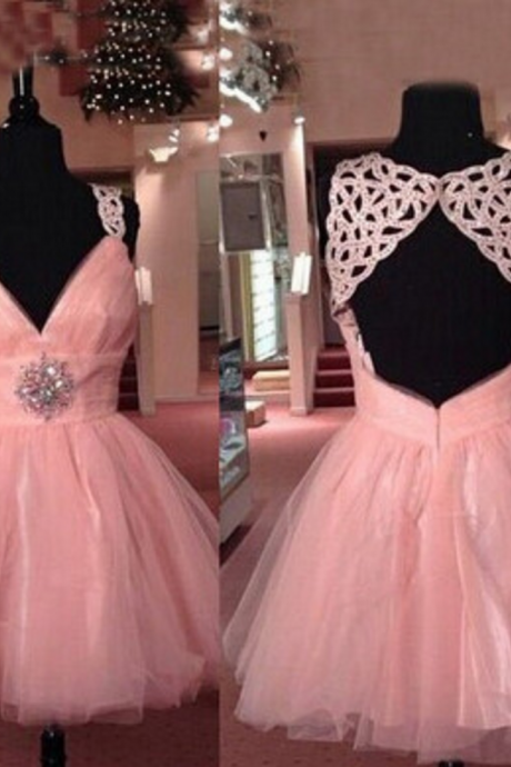 Adorable A-line Homcoming Dress,sexy V-neckbackless Homecoming Dresses,pink Chiffon Homecoming Dress