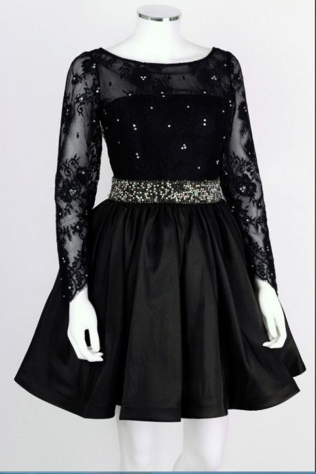 Black Long Sleeve Backless Cocktail Dress, Homecoming Dress Beaded Waist
