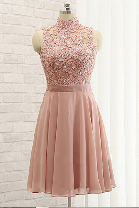 Stylish A-line High Neck Sleeveless Open Back Short Homecoming Dress With Lace