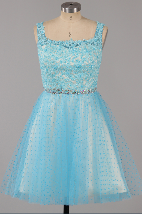 Ice Blue Square Neck Homecoming Dress With Beaded Belt, Princess Low Back Homecoming Dress, Tulle Mini Homecoming Dress With Lace Appliques,
