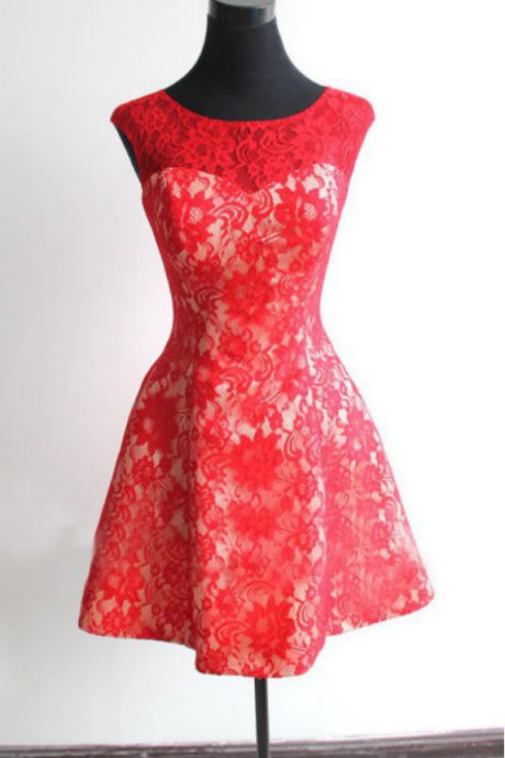 Red Homecoming Dresses Zippers Sleeveless A Line O-neck Mini Lace