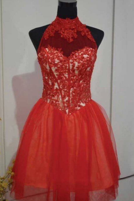 Red Homecoming Dresses Sleeveless A lines High Collar Hollow Short Lace