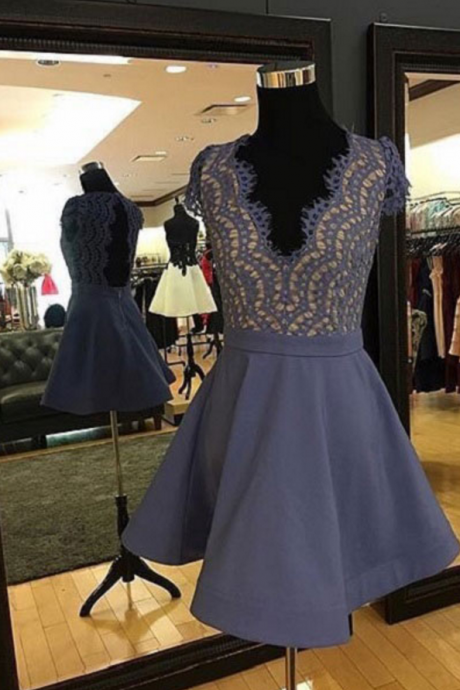 Lace Homecoming Dresses, A-line Deep V-neck Sleeveless Rhinestone Open-back Homecoming Dresses