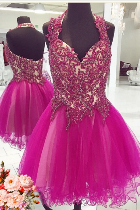 Fuchsia Homecoming Dresses Zipper-up Sleeveless Tulle Applique Knee-length Haltered A Lines