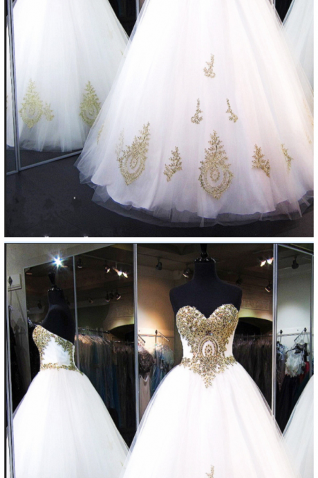 Ball Gown Wedding Dresses ,gold Lace Appliques Beaded Crystal Bridal Gowns, Vestido De Noiva Wedding Gown