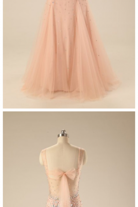  tulle beading prom dresses,sequins round neck bowknot mermaid long evening dresses