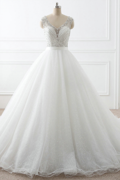Ball Gown Wedding Dress,handmade Beaded Bridal Dress,v-neckline Beaded Wedding Gown