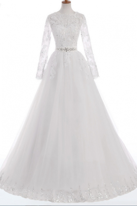 Long Wedding Dress, Long Sleeve Wedding Dress, Tulle Wedding Dress, Applique Bridal Dress, Sequin Wedding Dress, Lace Honest Wedding Dress