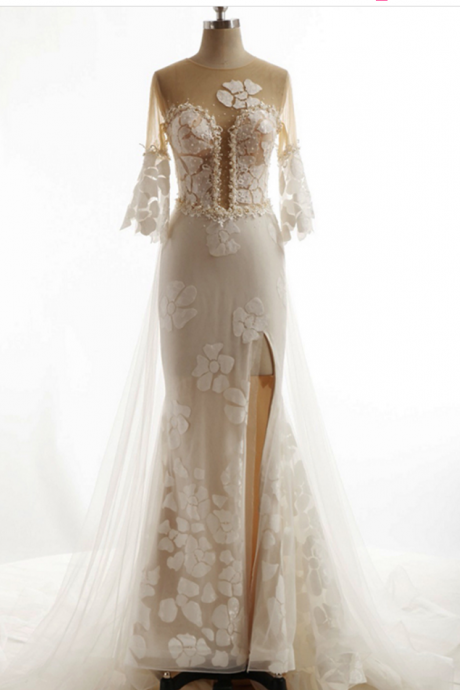 Mermaid Tulle Wedding Dress, Long Sleeve Wedding Dress, Beading Bridal Dress,side Split Wedding Dress