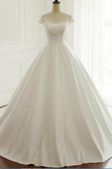 Satin Ball Gown Wedding Dress With Cap Sleeves And Lace Appliqués