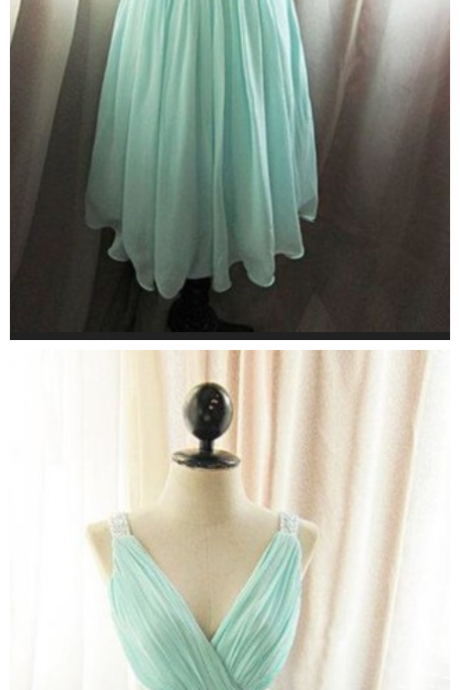 Beaded Embellished Blue Ruched Plunge V Short Chiffon Bridesmaid, Homecoming Dress