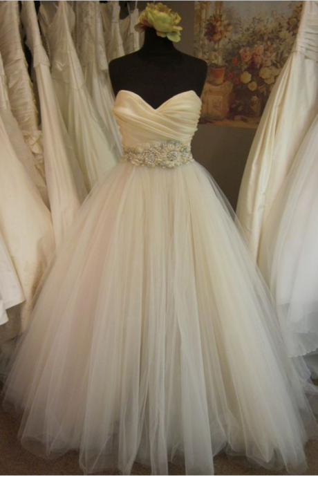 Wedding Dress,a-line/princess Pleated Bodice Blush Wedding Dresses With Embellished Waist