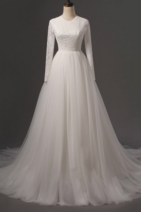 Round Neck Lace Appliqués A-line Tulle Wedding Dress Featuring Long Sleeves And Long Train