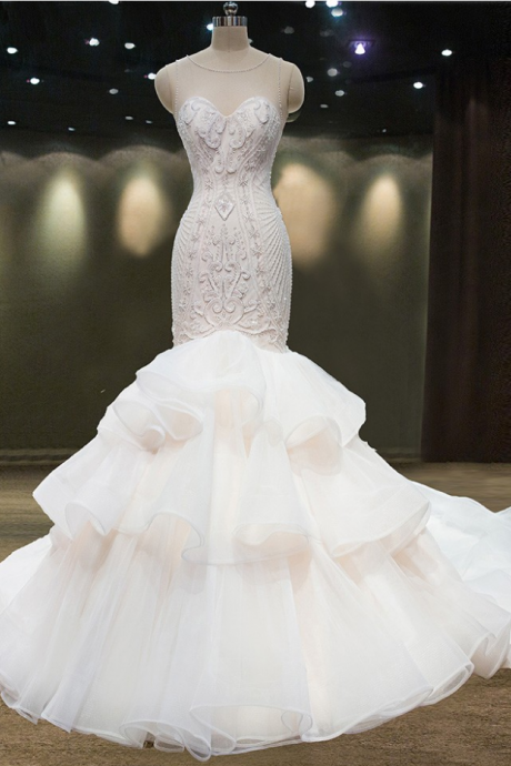 Sheer Sleeveless Beaded Mermaid Ruffle Wedding Dress Featuring Cutout and Lace-Up Back
