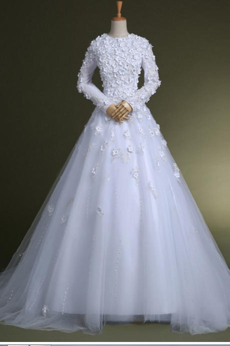 Custom Made White Long Sleeve Lace Wedding Dresses, White Wedding Gowns Bridal Dresses,floor Length Bridal Gown,wedding Bride Dresses