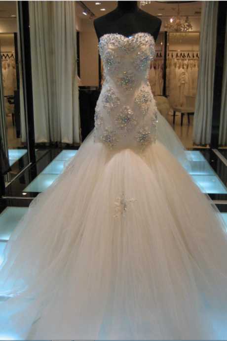 Strapless Sweetheart Beaded Tulle Mermaid Wedding Dress with Long Train