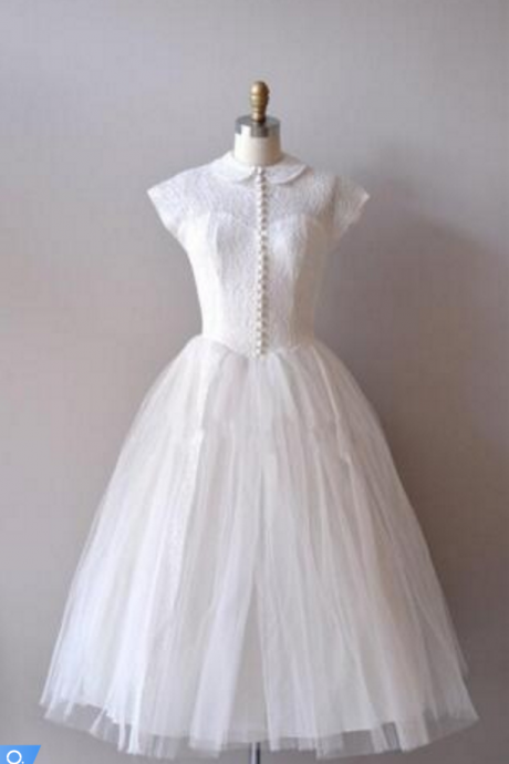 Vintage Knee-length Short Tulle Wedding Dress with Cap Sleeves and Collar