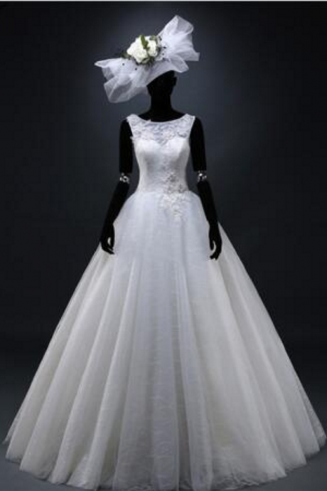 Real Picture Noble Wedding Dresses Scoop Tulle A-line Bridal Veil Backless Lace Up Appliques Pearls Wedding Gowns