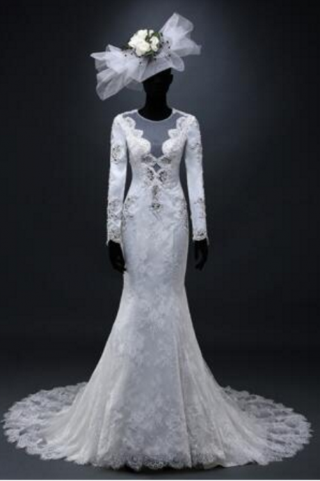 Exclusive Custom Real Picture Vintage Noble Luxury Scoop Full Appliques Beading Lace Mermaid Wedding Dresses Autumn New