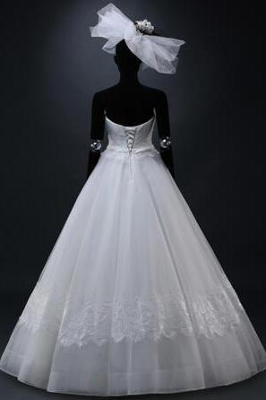 Exclusive Custom Real Picture Elegant Noble Strapless Backless Appliques Lace Bow Organza A-line Wedding Dresses