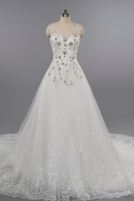 Luxury Dubai Wedding Dresses,A-line Lace Applique Sequined Wedding Dresses,Shiny Sparkly Wedding Gown