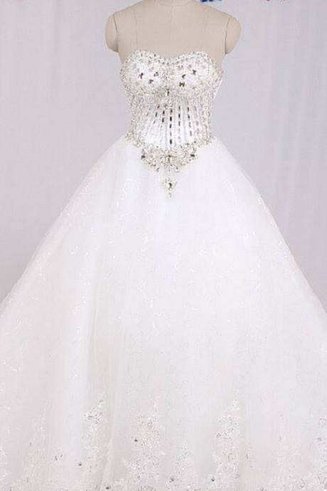 Real Sample Luxury Crystal Beaded Sweetheart Lace Chapel Train Princess Wedding Dress