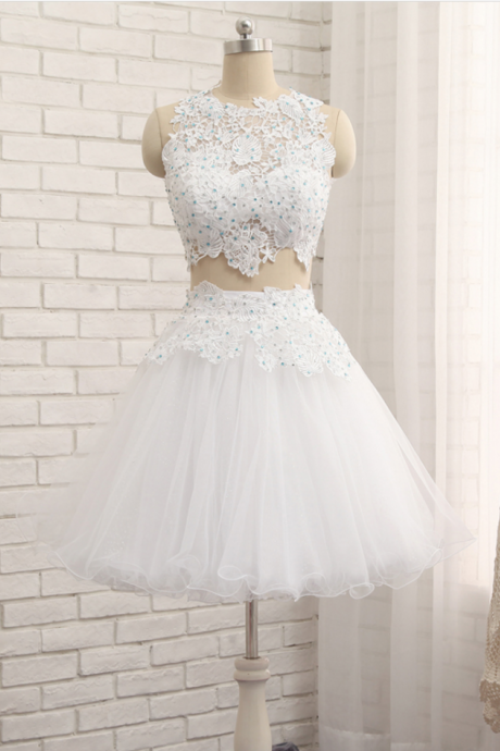 Homecoming Dress,sexy Two Pieces White Cocktail Dress ,tulle Lace Cocktail Sleeveless Dress