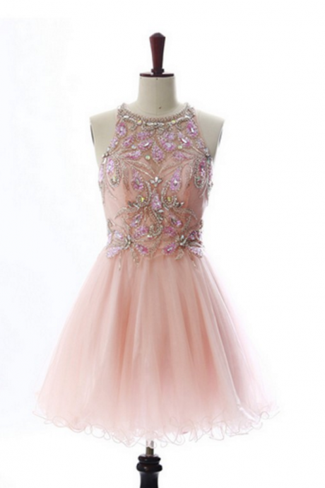A Lines Pink Homecoming Dresses Open Back Sleeveless Beaded Scoop Mini Homecoming Dress
